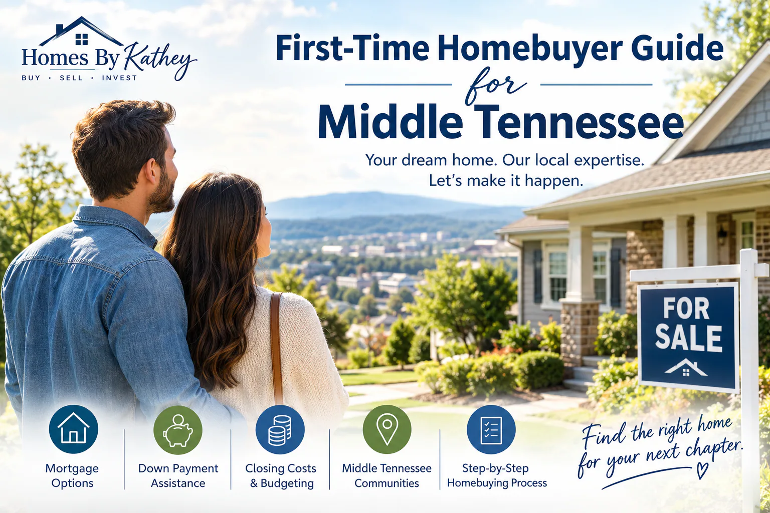 A couple looking toward a Middle Tennessee neighborhood beside a house for sale