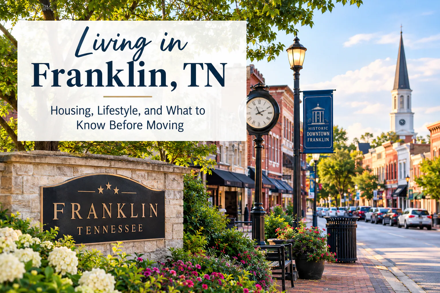 Downtown Franklin, Tennessee, with the historic main street, clock, and church steeple